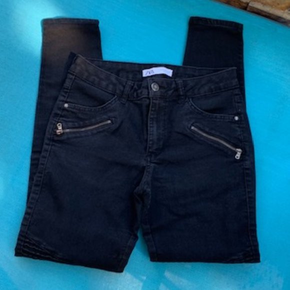 ZARA Black Denim Stretch Jeans with Zippers Size 6 - Picture 5 of 9